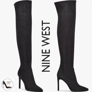 NINE WEST Black Stretch Tacy Pointed Toe Stiletto Zip-Up over the knee Boots 8.5